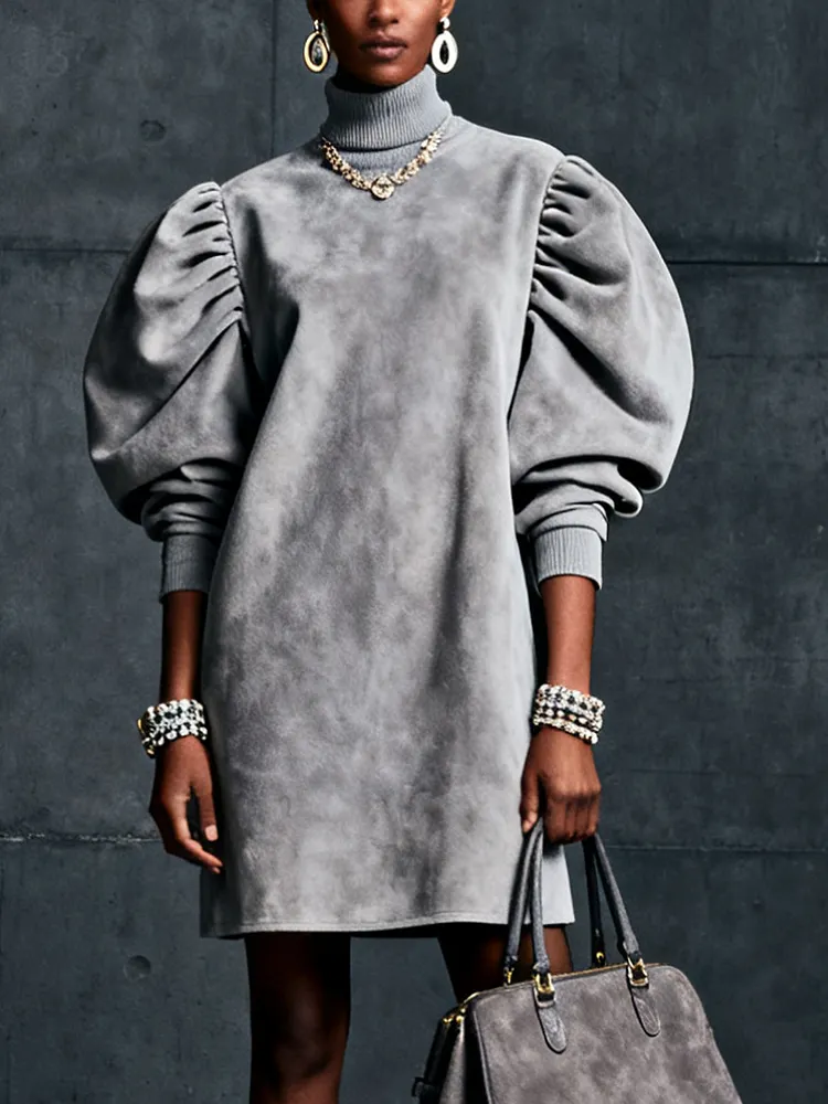 Grey Faux Suede Puff Sleeve Turtleneck Casual Dress