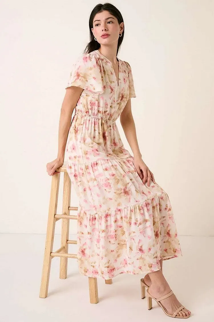 Mittoshop Flower Print Flutter Sleeve V Slit Maxi Dress