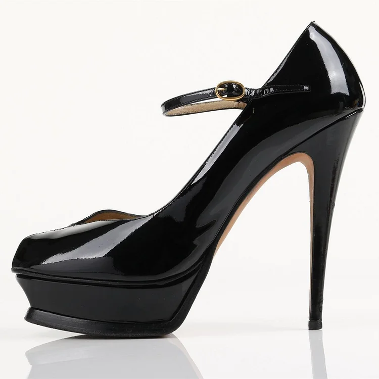 Black Patent Leather Ankle Strap Heels Key Hole Platform High Heels |FSJ Shoes
