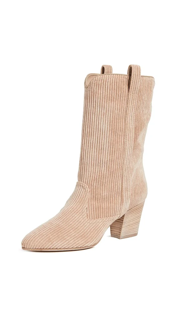 Nude Corduroy Block Heel Fashion Boots Mid Calf Boots |FSJ Shoes