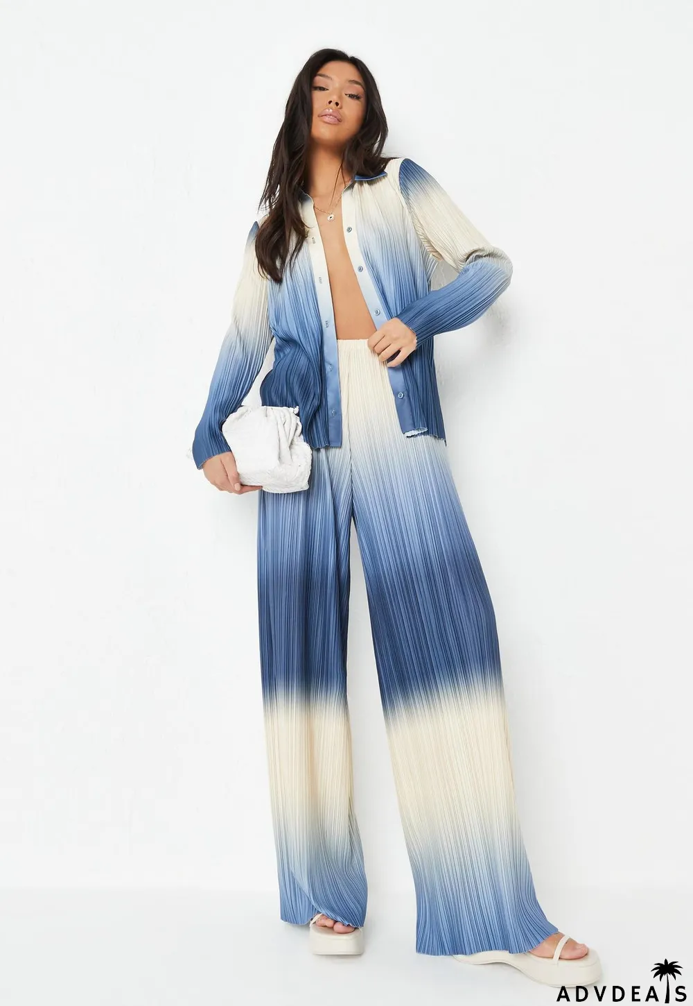 Women Gradient Pleated Print Shirt + Pants Two-Piece Set
