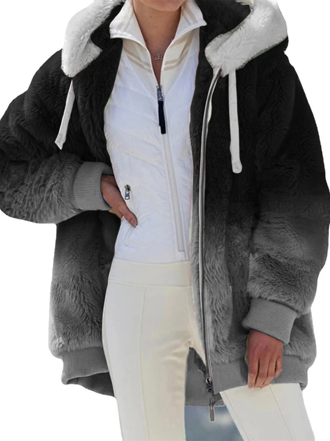 Women plus size clothing Women Long Sleeve Hooded Cardigan Gradient Coats-Nordswear