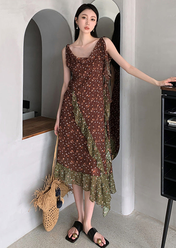VCSHOES Chocolate Ruffled Patchwork Print Chiffon Long Dresses Sleeveless