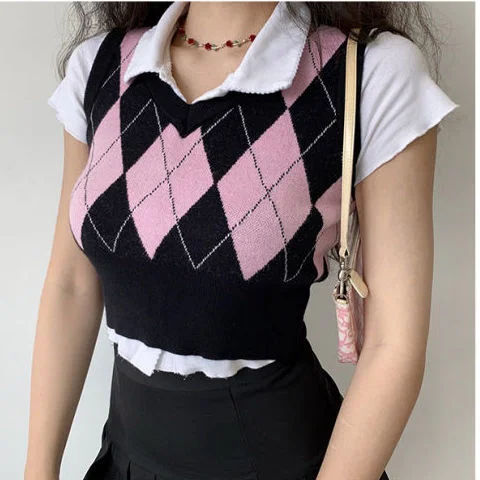 Sweater Vest V-neck Argyle Crop Tops Chic Preppy Style Knitted Students Harajuku Vintage Streetwear Slim Leisure Fashion Women