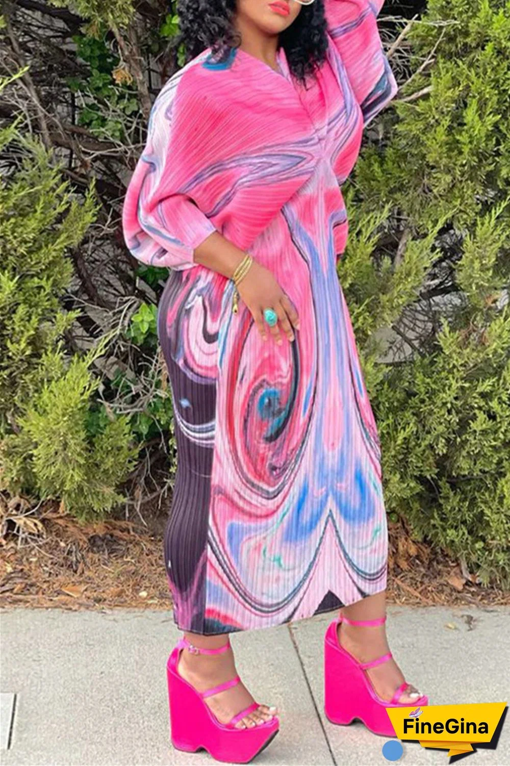 Pink Purple Casual Print Patchwork V Neck Pencil Skirt Plus Size Dresses