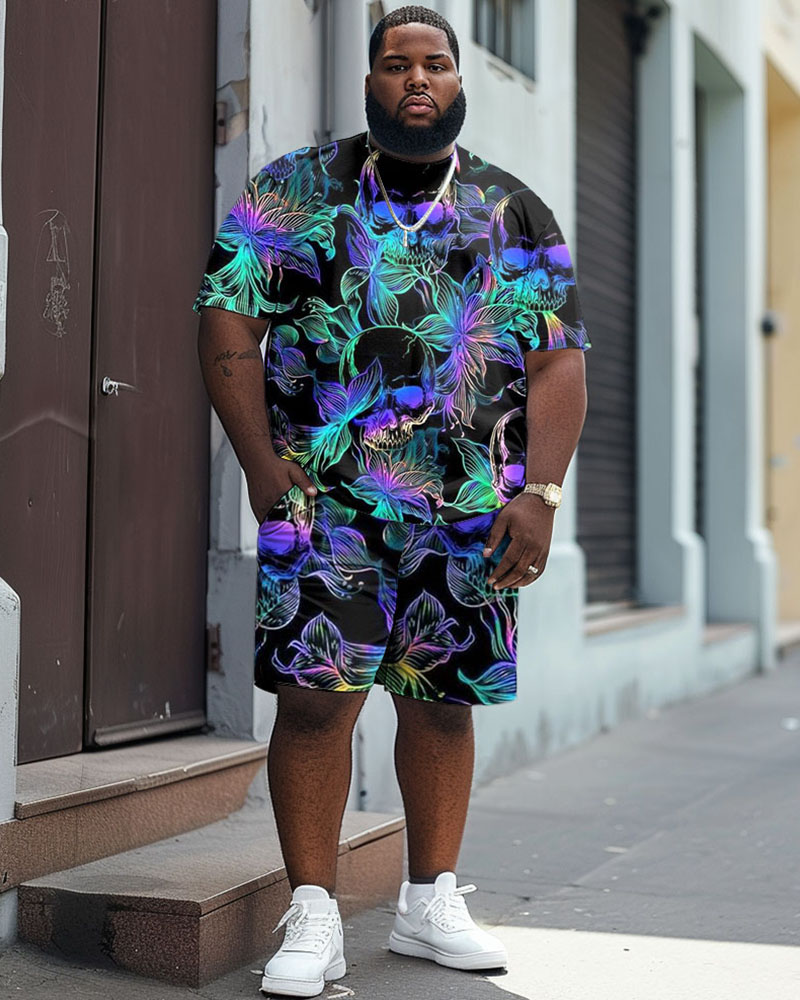 Big Men's Street Casual Phantom Skull Floral Print T-Shirt Shorts Set
