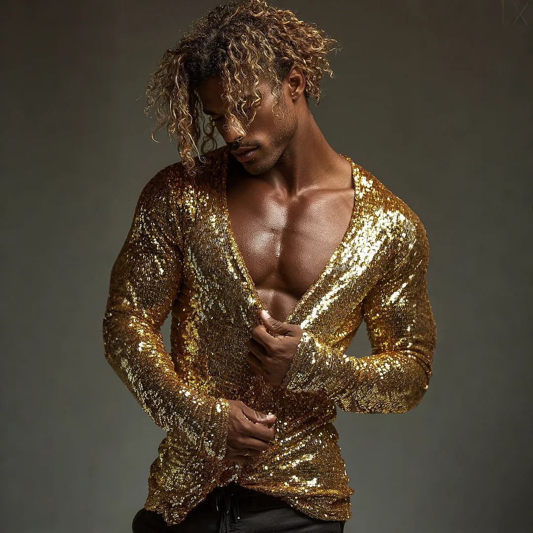 Men's Sequined Long-sleeved T-shirt With Subtle Shimmer, Sexy Low-cut Top-inspireuse
