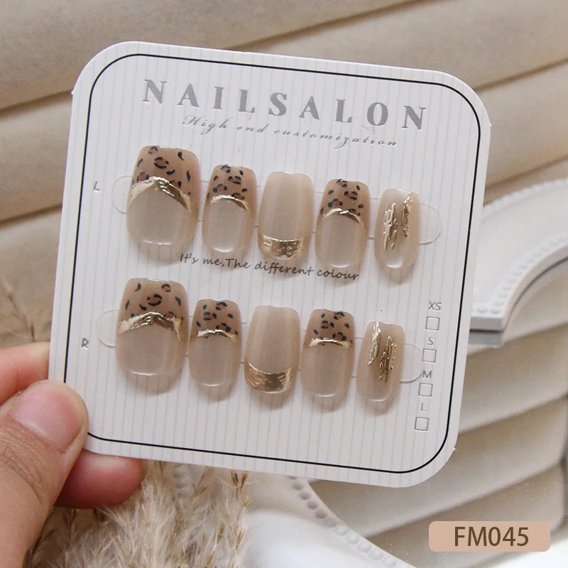 Collectvip 10Pcs Leopard Print Detachable Press Fake Nail Full Cover Cat Magnetic Design French Almond Fake Nails Wearable Manicure Nail