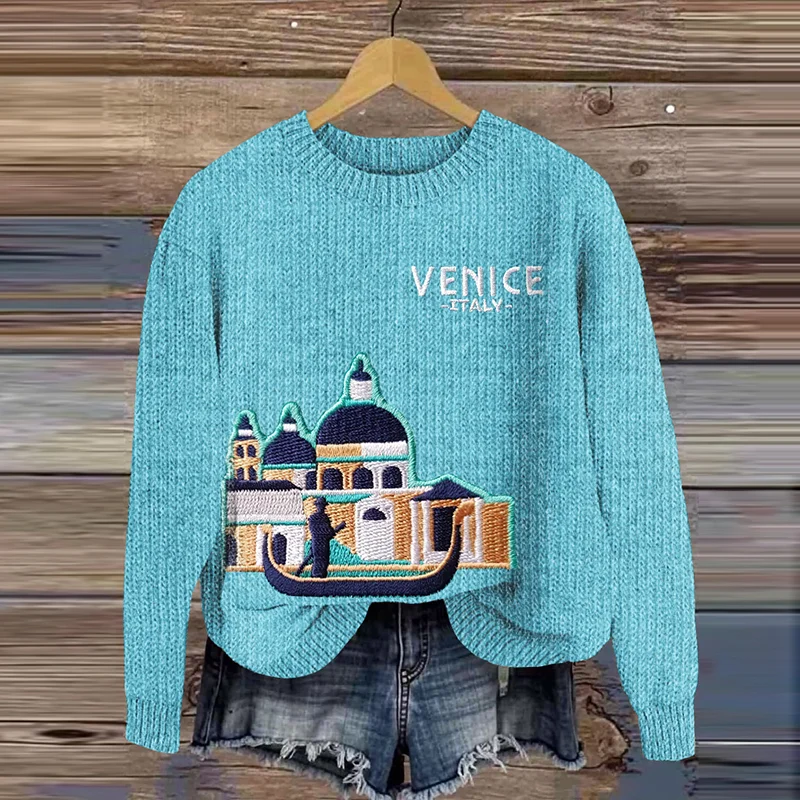 Maglione con ricamo di paesaggio veneziano italiano