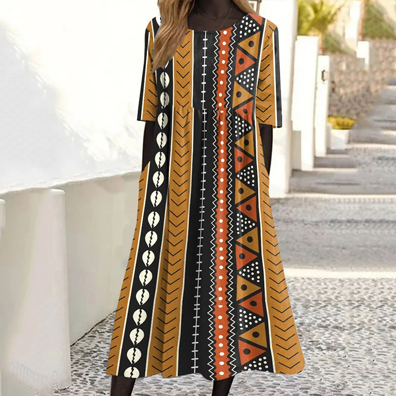 Retro Tribal Geometric Art Crew Neck Dress