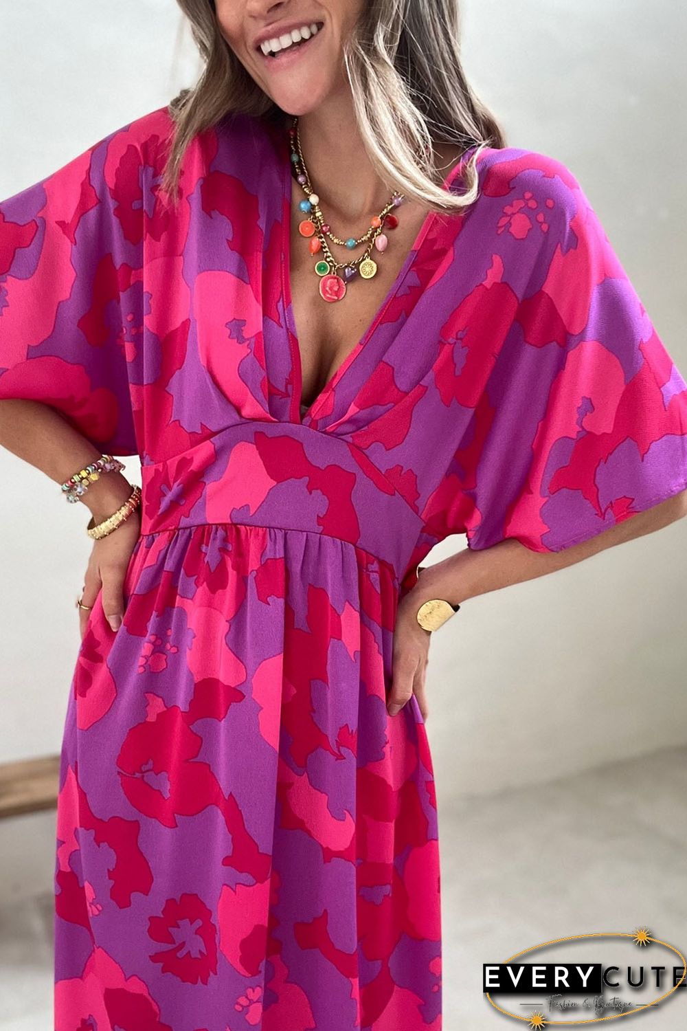 Rose Abstract Floral Print V Neck Dolman Maxi Dress