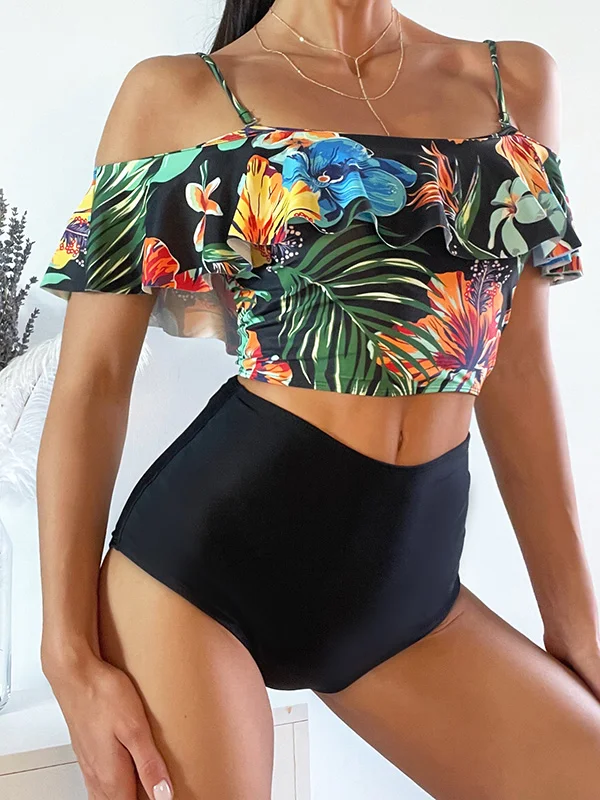 Off-The-Shoulder Floral Falbala Tank High-Waisted Bikini Swimwear