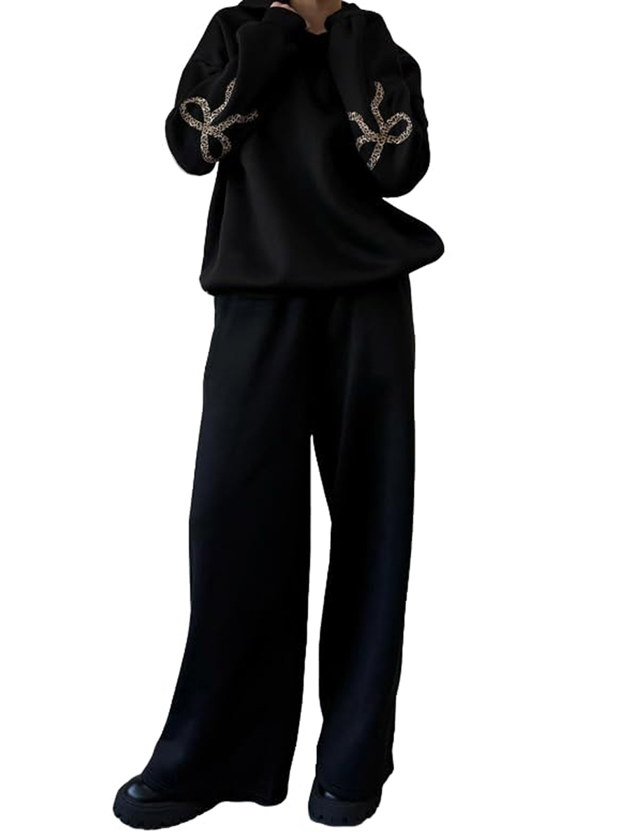 Russellthebrand Women’s 2-Piece Activewear Set – Bow Print Hooded Sweatshirt and Wide Leg Pants for Winter Sweatpants Outfit  