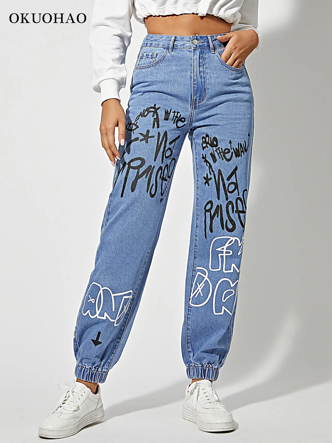 Graduation Gifts  Print High Straight Jeans Women Denim Track Pants With Letter Pattern Womens High Rise Jogger Denim Jeans Waist Drawstring Pants