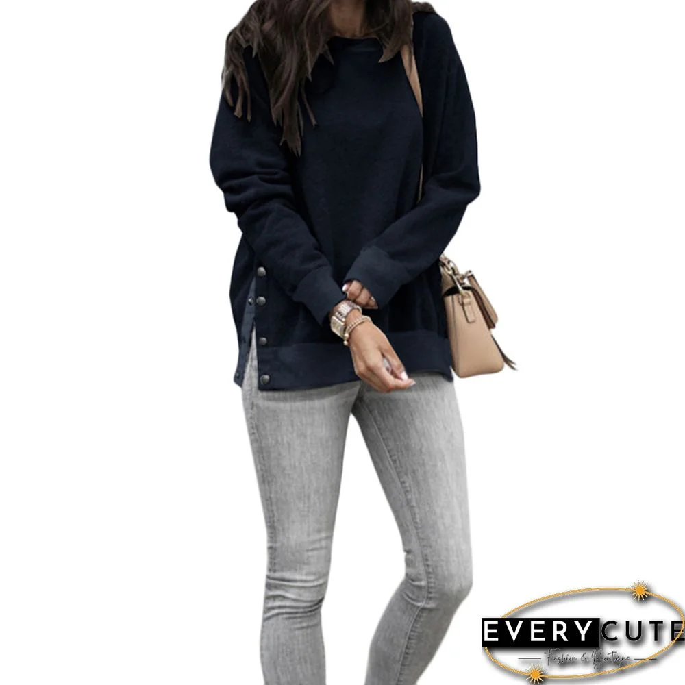 Navy Blue Button up Split Long Sleeve Sweatshirt