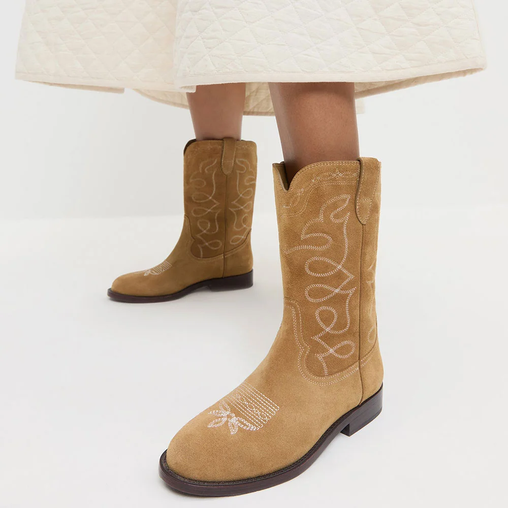 Tan Embroidered Round Toe Slip On Mid Calf Cowgirl Boots for Women
