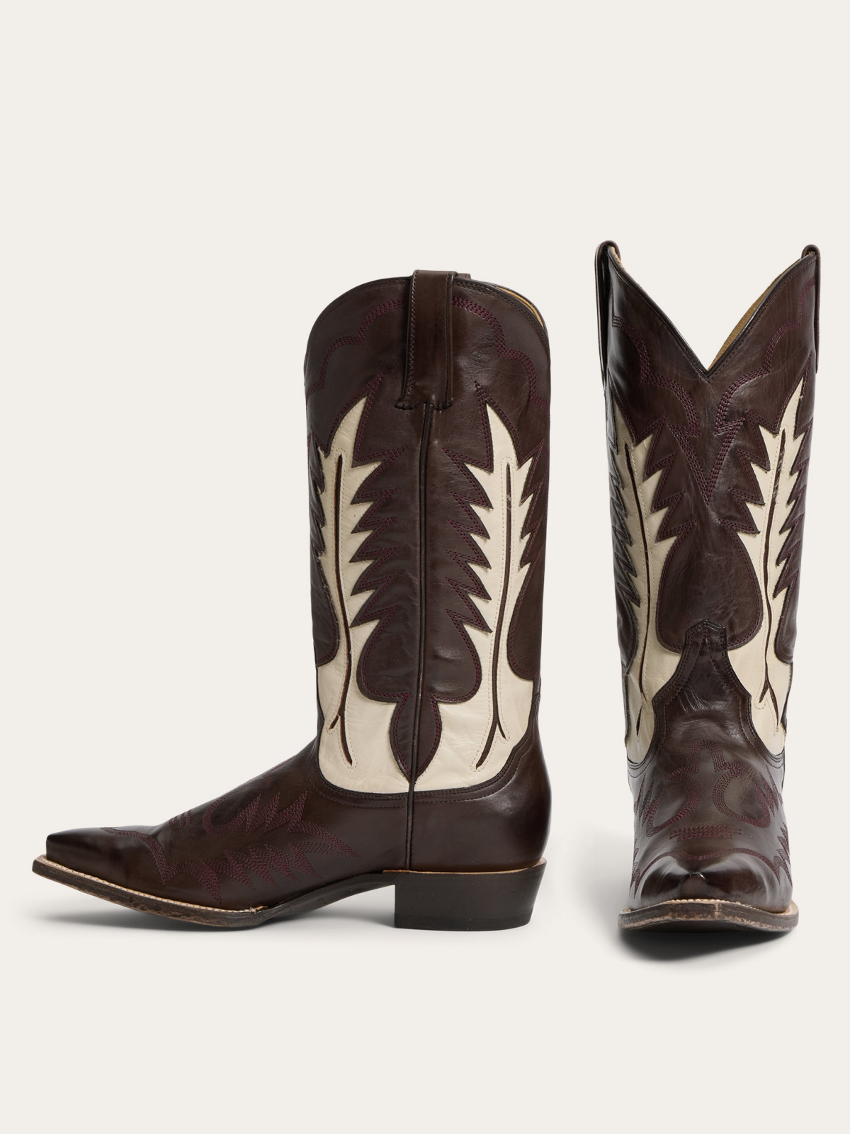 Taafo Brown Snip-Toe Embroidery Flame Inlay Wide Mid Calf Tall Western Boots