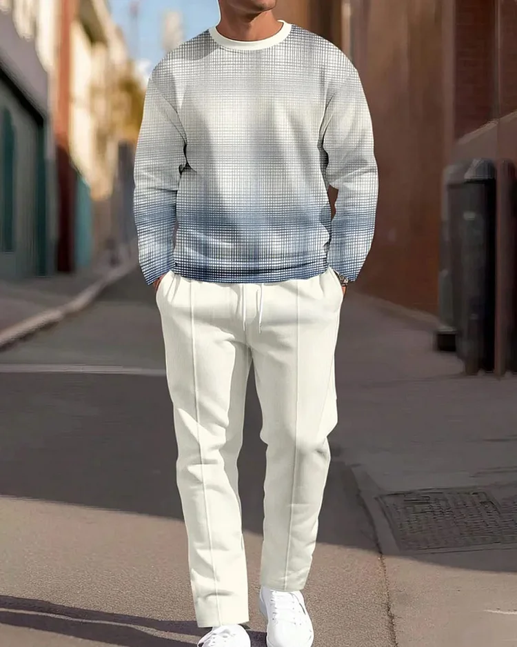 Men's Simple Gradient Geometric Print Round Neck Sweatshirt Two-piece Set