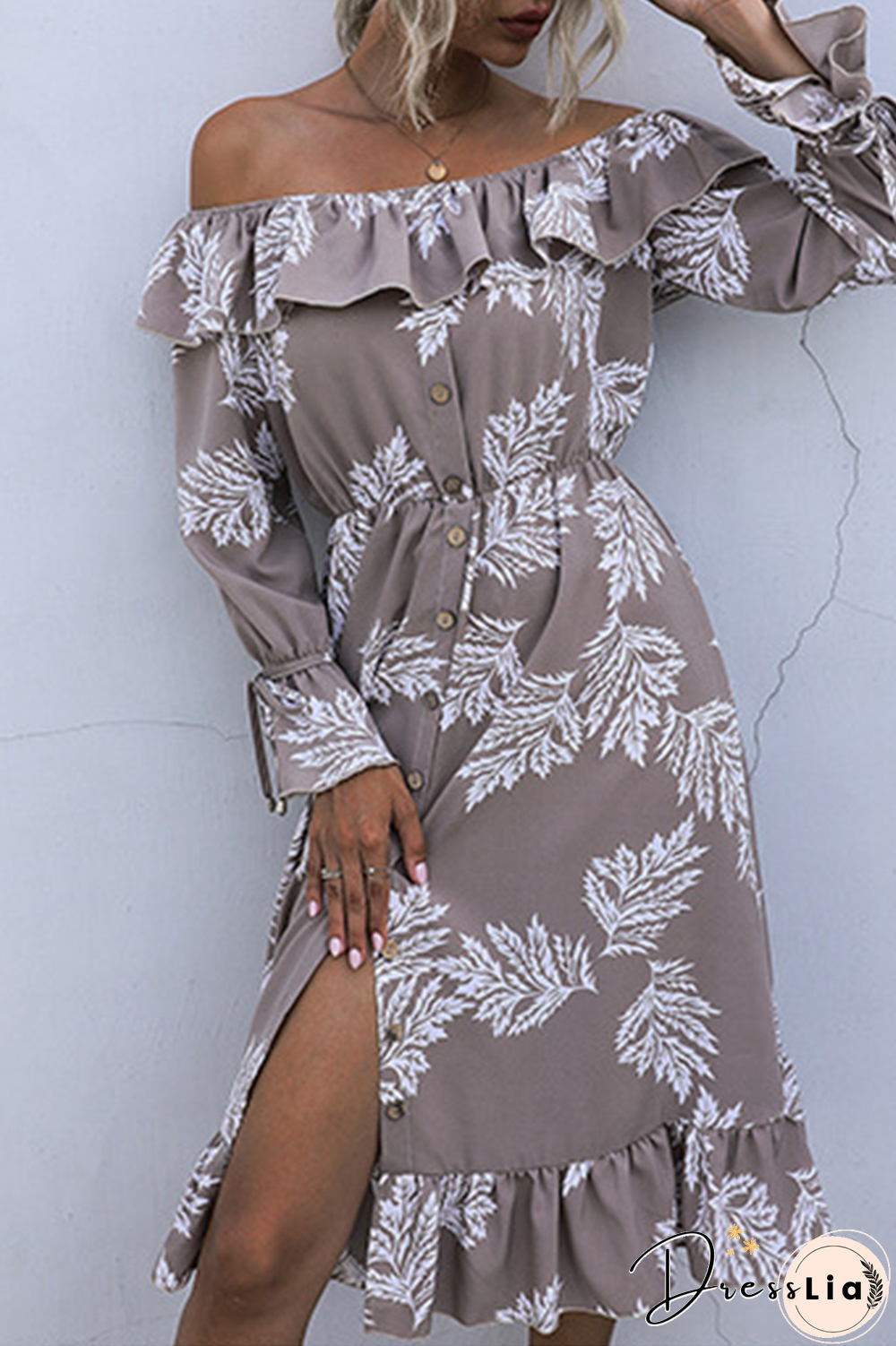 Elegant Floral Buckle Flounce Off The Shoulder Waist Skirt Dresses