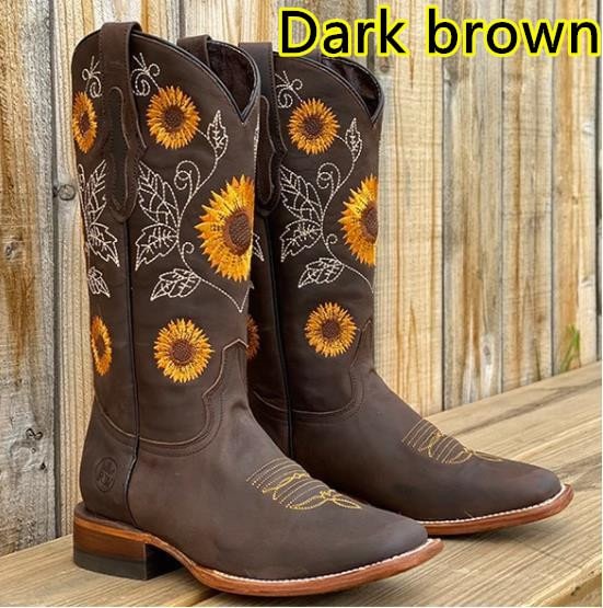 Women's Boot Sunflower Embroidery Cowboy Boots for Women Thick Heel Leather Boots Plus Size 35-43