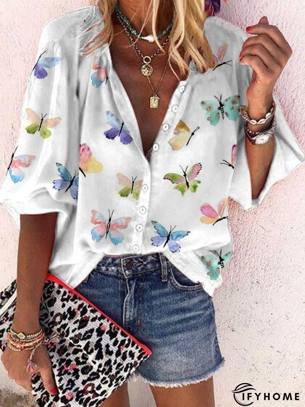 Casual Butterfly Three Quarter Printed Blouse | IFYHOME