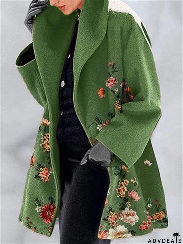 Women's Suit Collar Long Sleeve Floral Print Woolen Coat