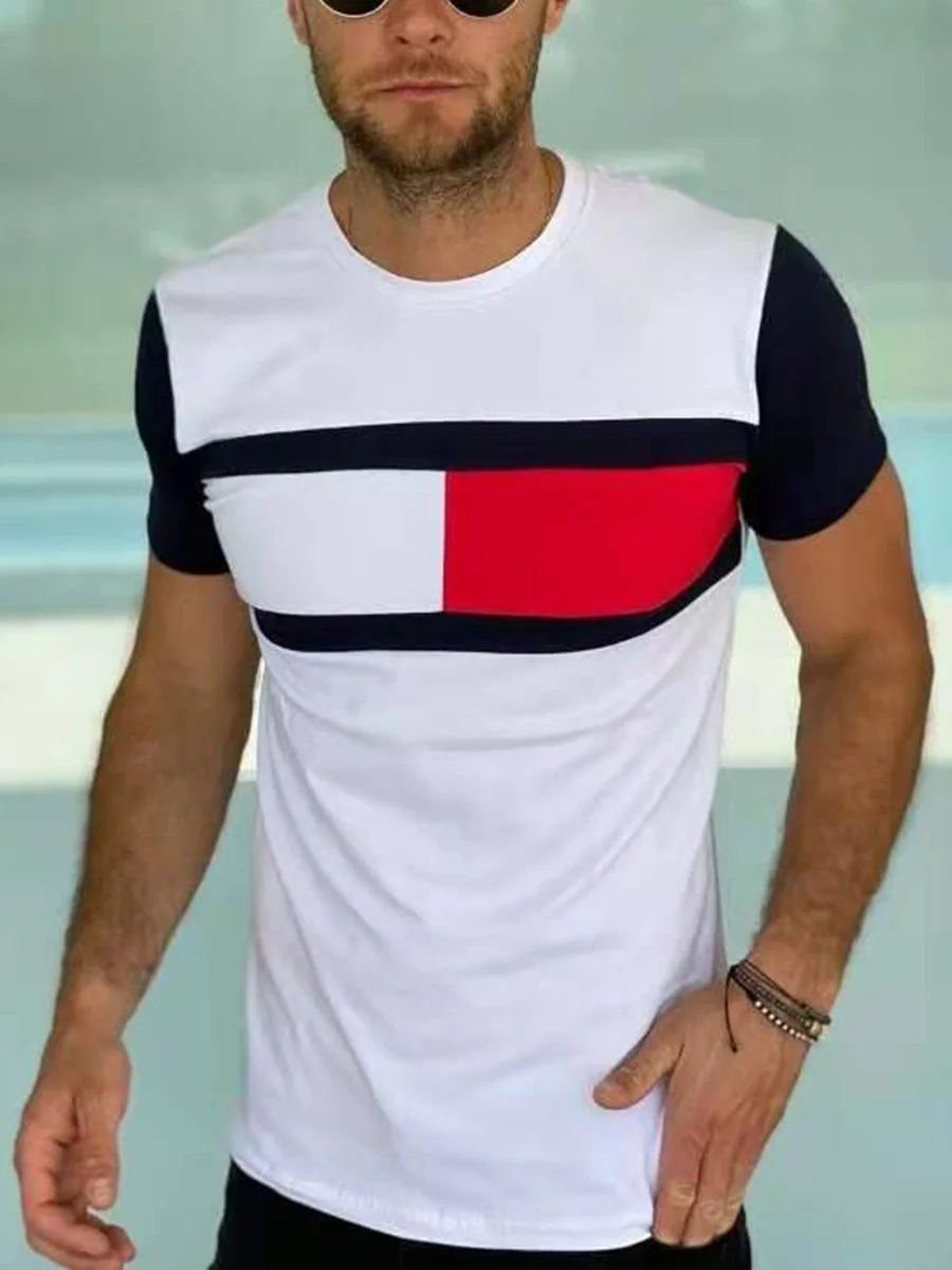 men's stitching printing casual round neck short sleeve
