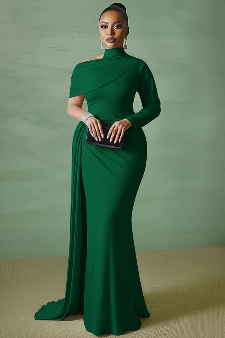 Asymmetric Mock Neck Long Sleeve Sash Party Maxi Dresses-White [Pre Order]