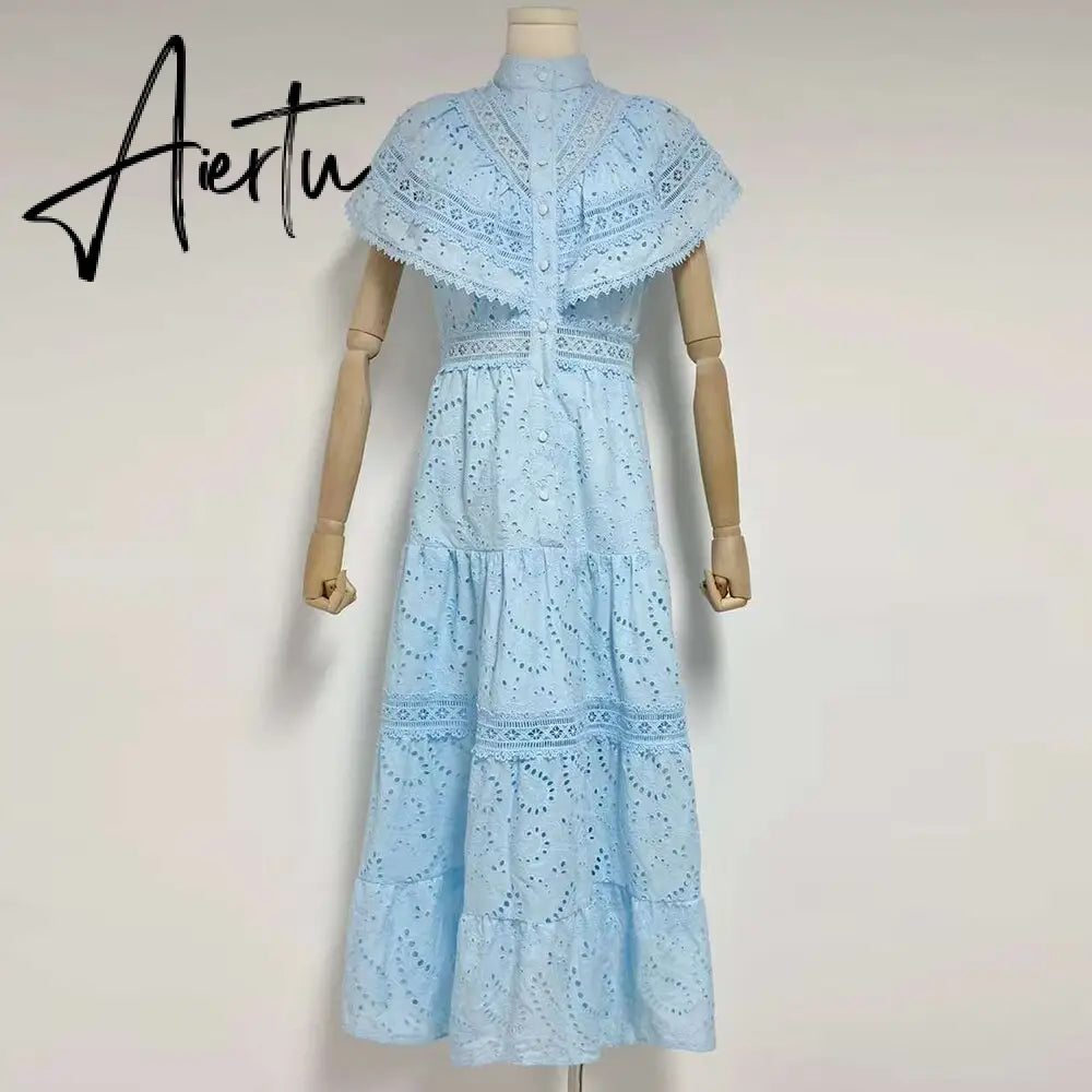 Embroidery Summer Dresses For Women Stand Collar Short Sleeve High Waist Folds Summer Dress Female Fashion Clothing Aiertu
