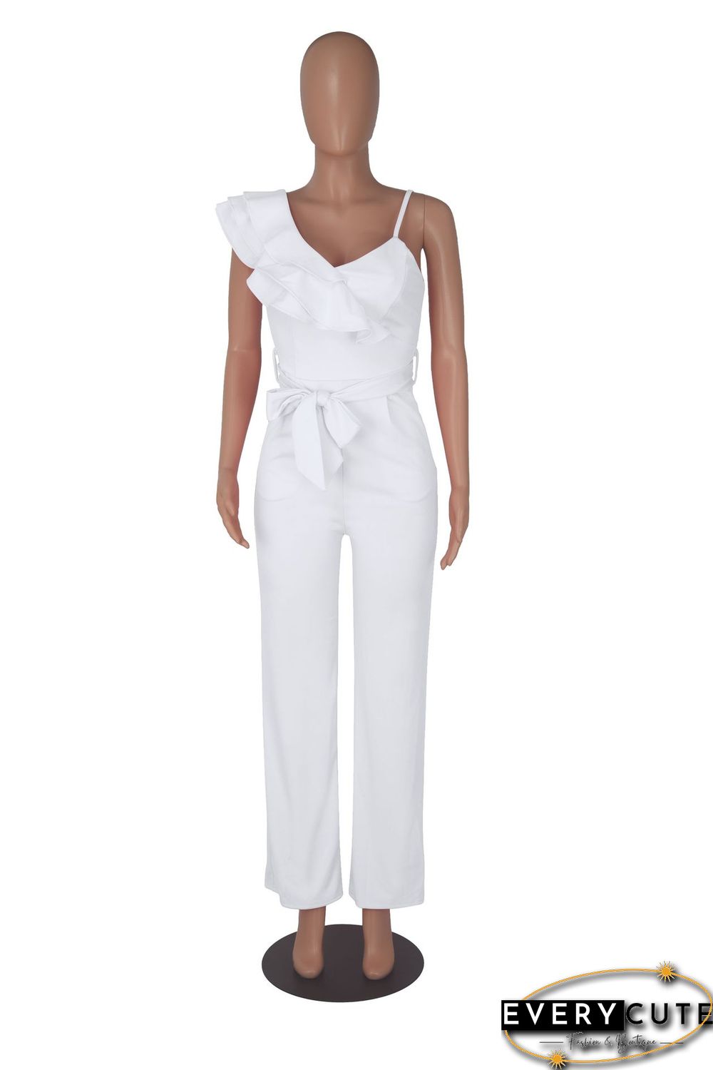 Fashion Ruffled Sleeveless Waist Deep V Loose Jumpsuit