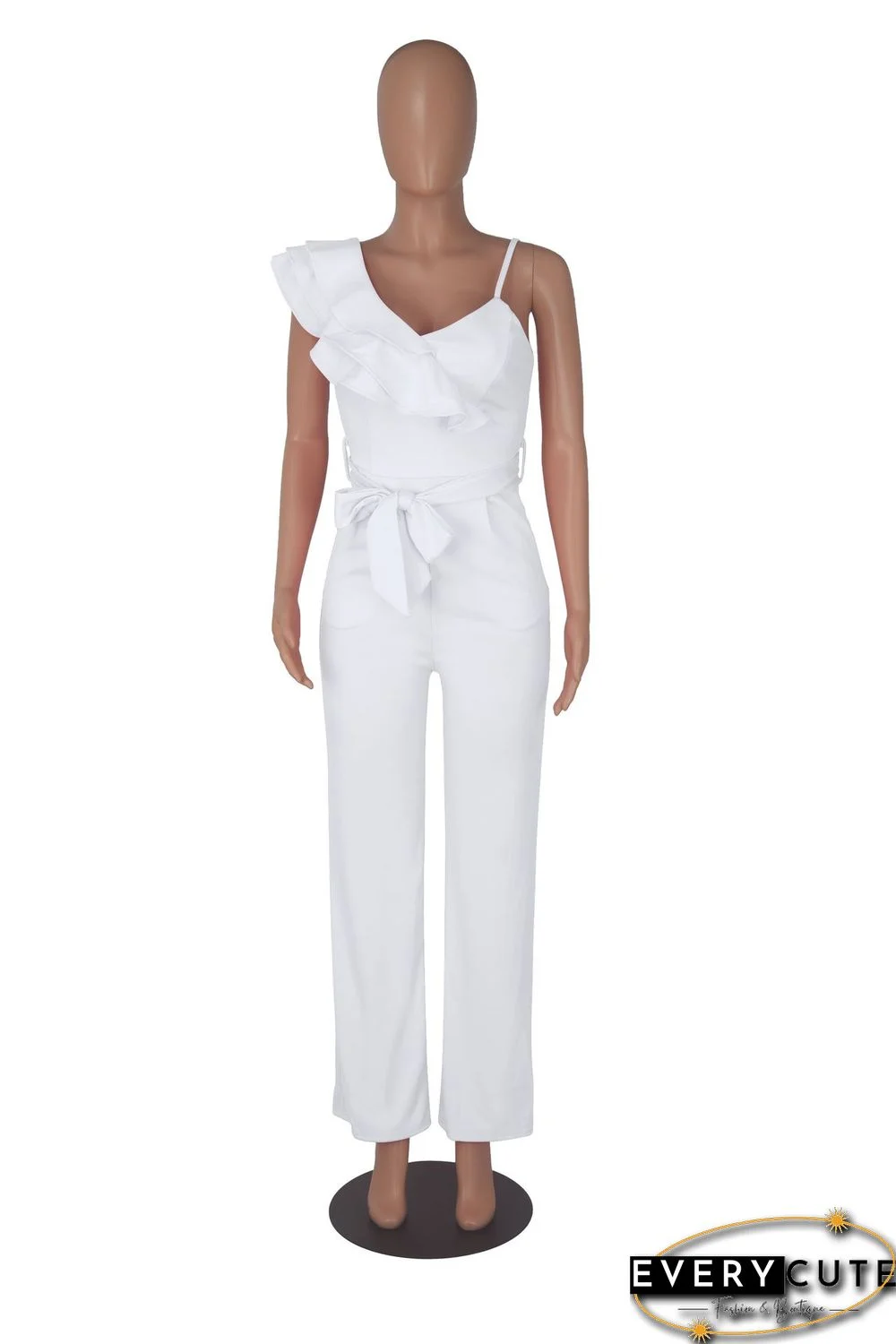 Fashion Ruffled Sleeveless Waist Deep V Loose Jumpsuit