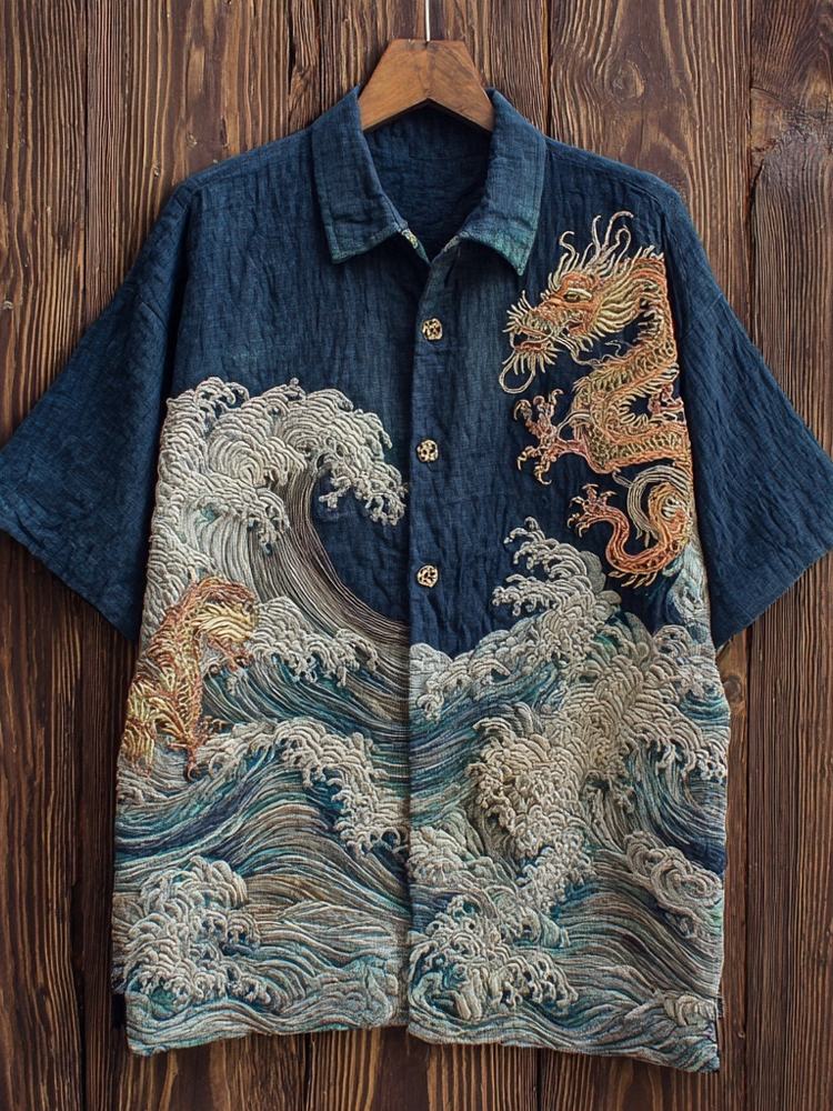 Men's Japanese Waves & Dragon Embroidered Linen Shirt  artssus