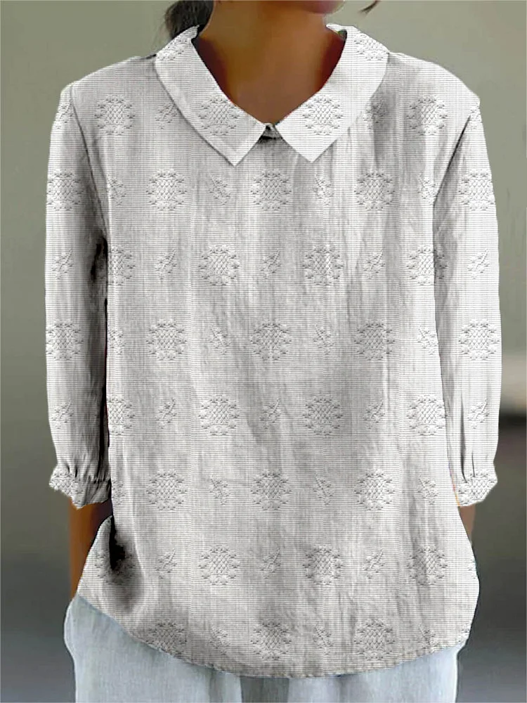 Women's Vintage Floral Art Print Casual Cotton And Linen 3/4 Sleeve Shirt