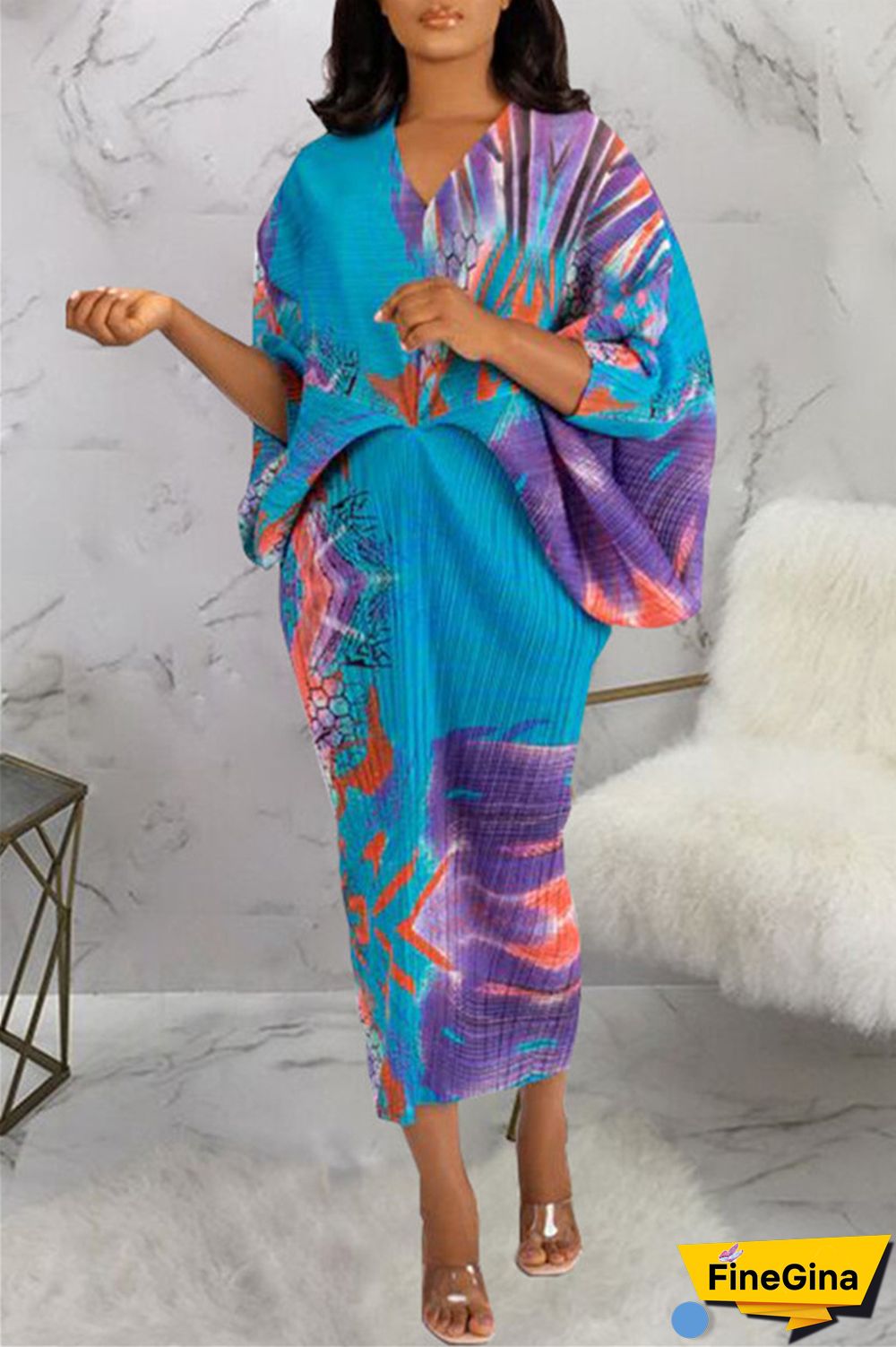 Pink Purple Casual Print Patchwork V Neck Pencil Skirt Plus Size Dresses