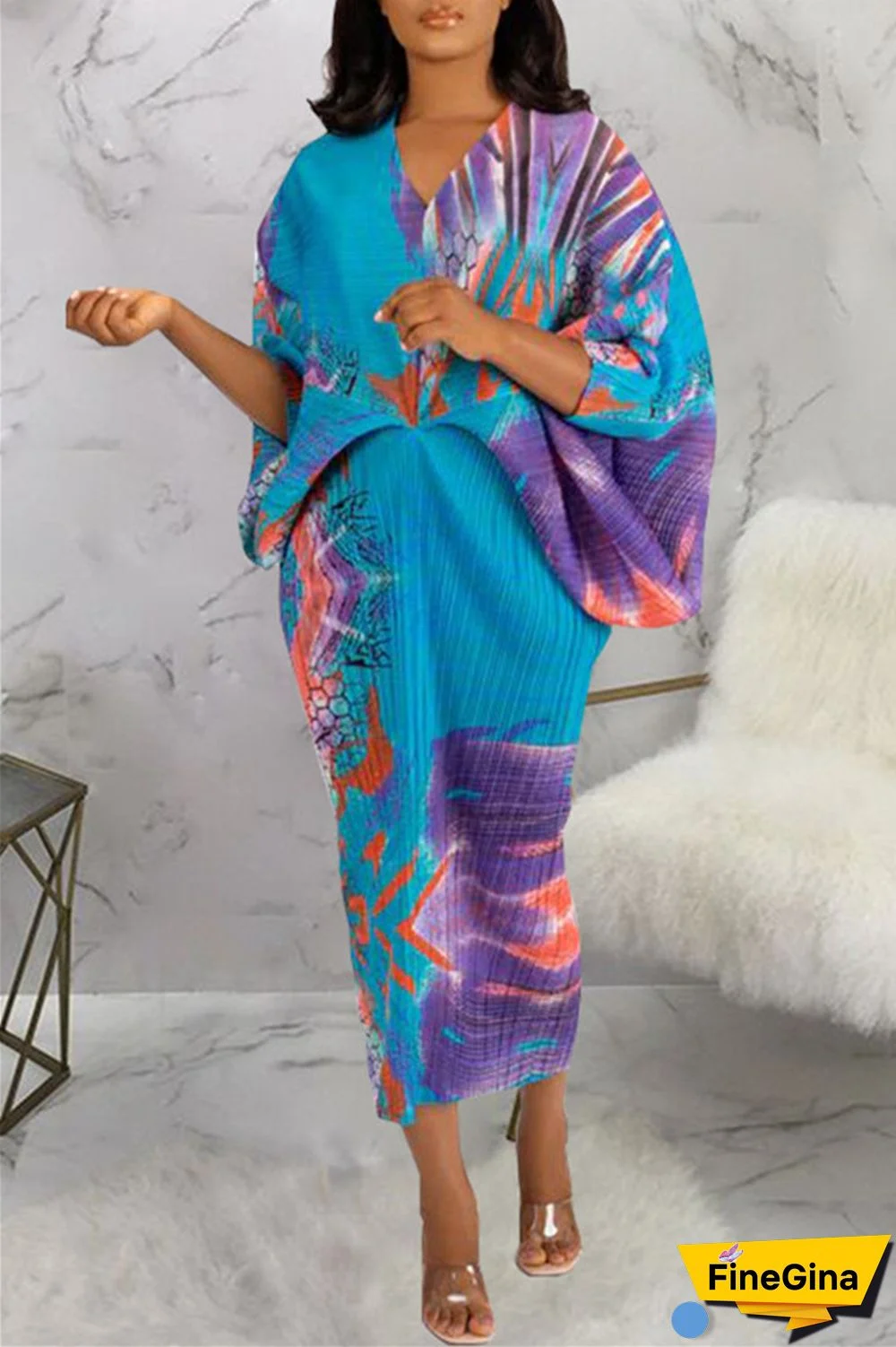 Pink Purple Casual Print Patchwork V Neck Pencil Skirt Plus Size Dresses