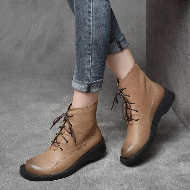 Cozy Leather Flats Lace Up British Style Boots