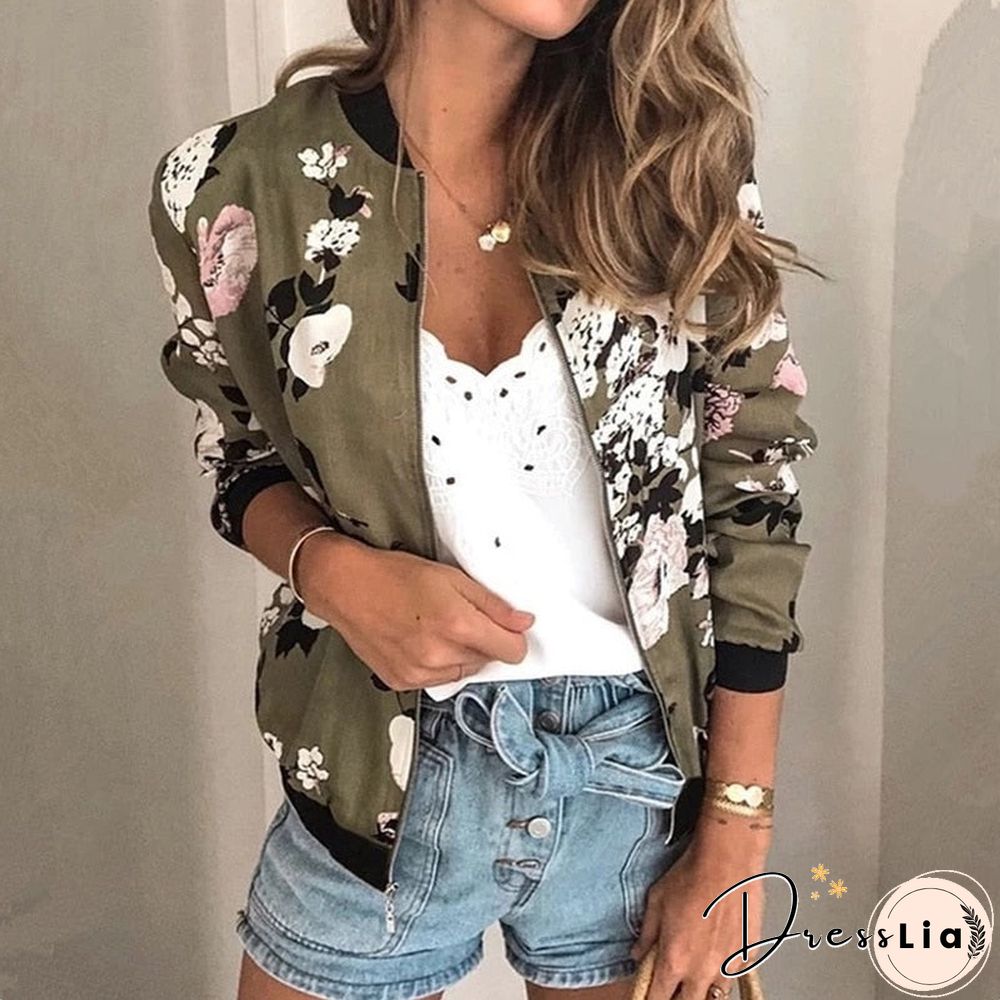 Women Retro Floral Printed Jackets Lightweight Long Sleeve Zipper Jacket Short Windbreaker Coats Biker Jackets Spring Outwear