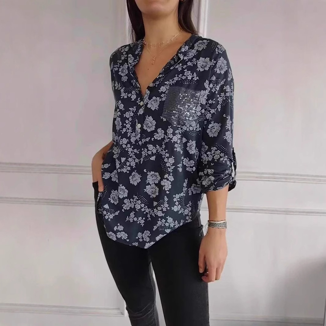 Loose Casual Print Sequin Pocket Long Sleeve Shirt
