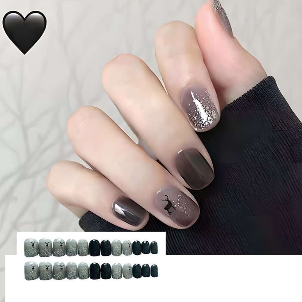 Shecustoms™ 24 Pcs Black & Grey Gradient Nails with Milu deers Press On Nails Squoval Long Fake Nail