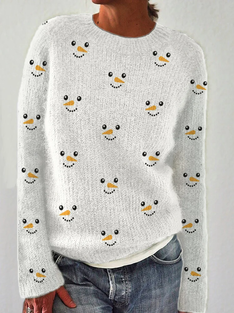 Lovely Snowman Faces Pattern Cozy Knit Sweater