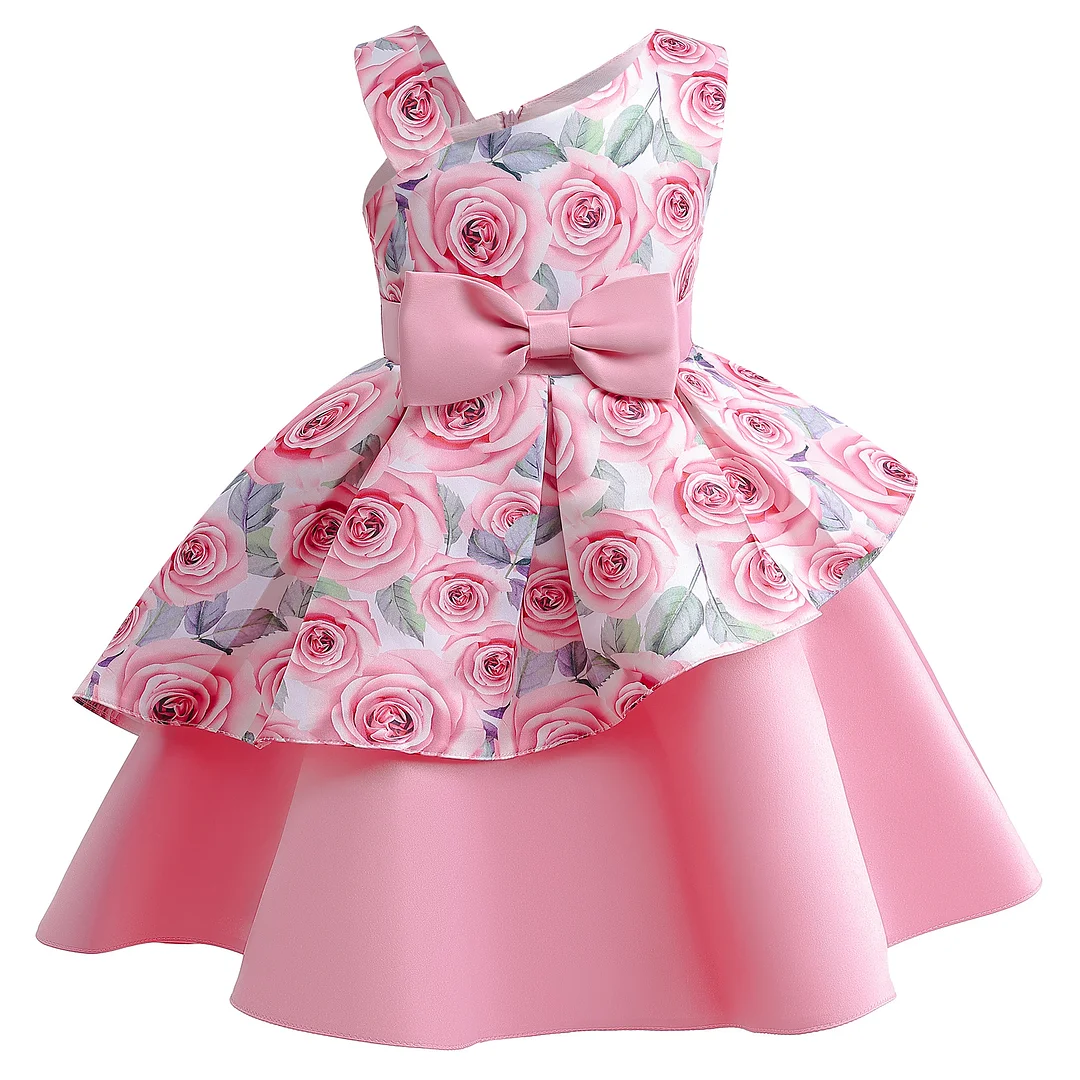 Girls' Dress: Bowknot Patchwork Party Costume with Rose Print, Off-shoulder Princess Dress