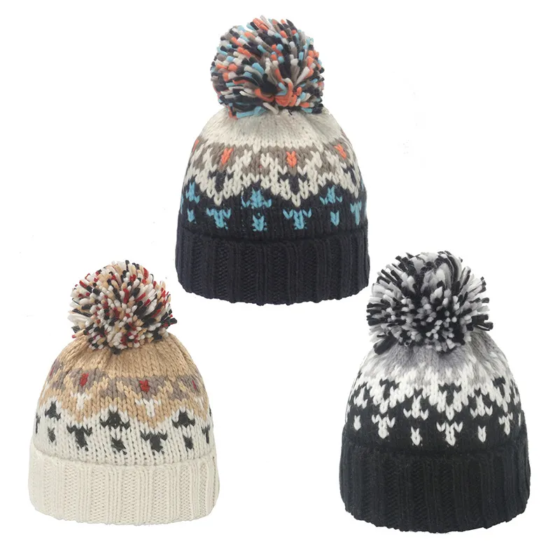 Warm Mohair Geometric Diamond Jacquard Fur Ball Wool Hat