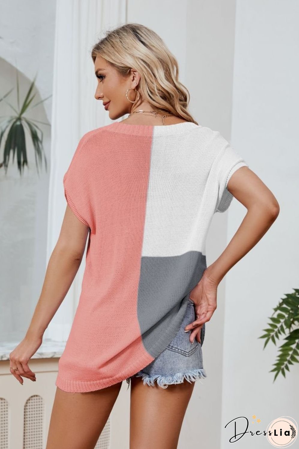 Color Block V-Neck Knit Top