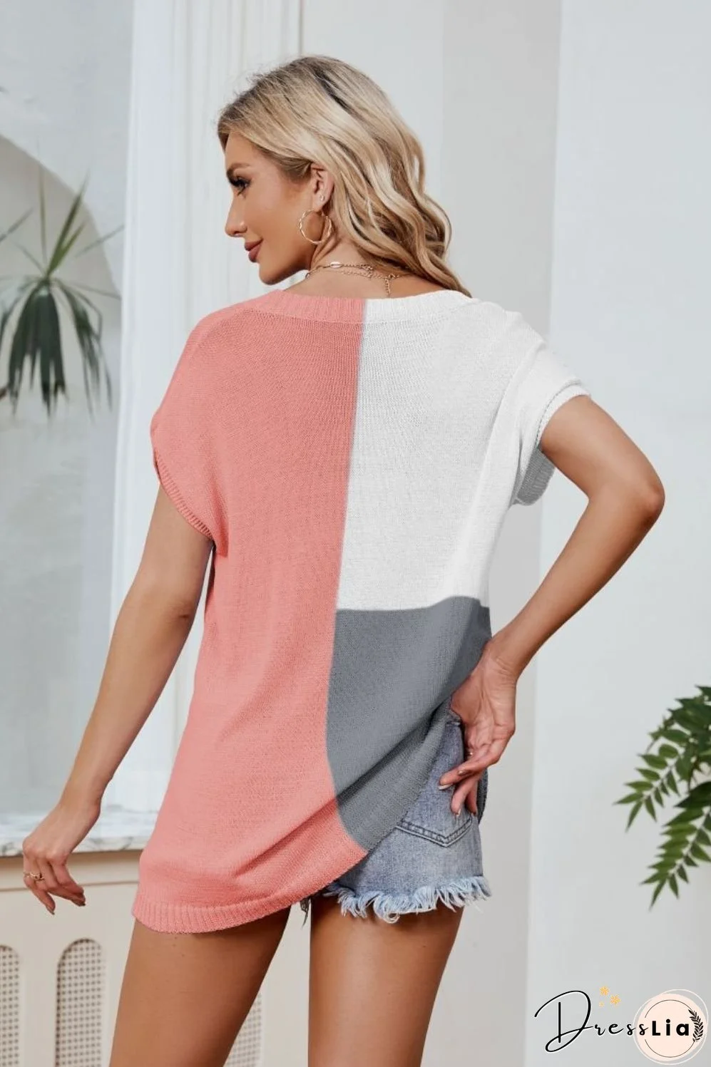 Color Block V-Neck Knit Top
