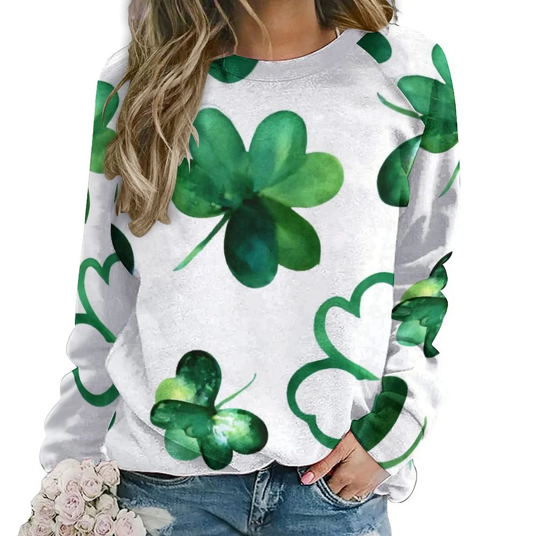 Printed Long Sleeve Casual Sweatshirt for  Women and Men Unisex Pattern St. Patrick's Day, Green, Clover, Lucky