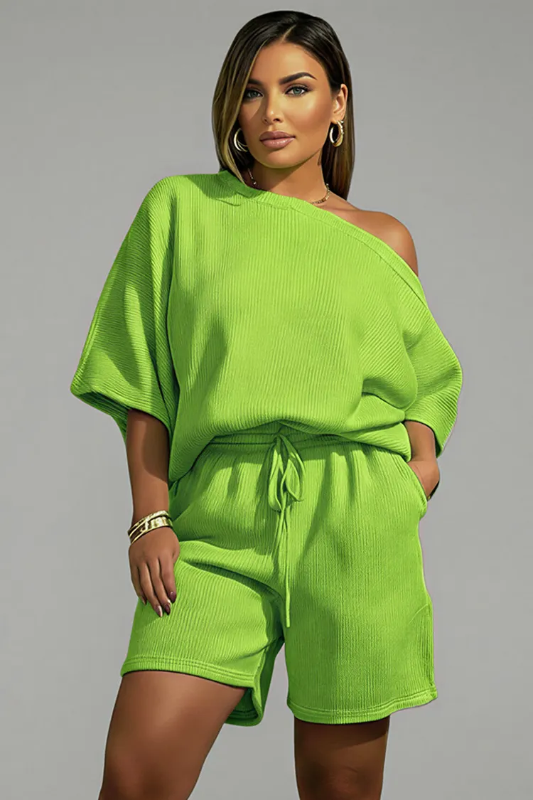 Xpluswear Design Plus Size Daily Casual Green Oblique Collar Short Sleeve Pull-On Waist Pocket Two Piece Short Sets [Pre-Order] 2024 - Xpluswear