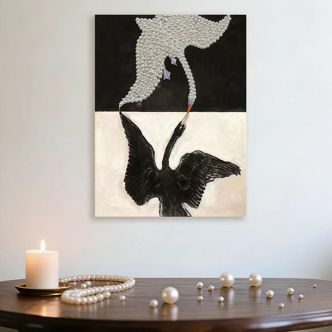 Black And White Swans - DIY Pearl Diamond Art Kit With Frame 30*40cm
