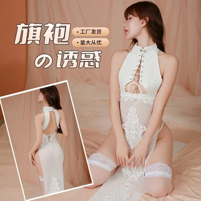 Churchf Night Vow New Sexy Lingerie Women's PU Half-Perspective Water-Solit Flower-Dexite Cheongsam Suit Seduction Suit Woman