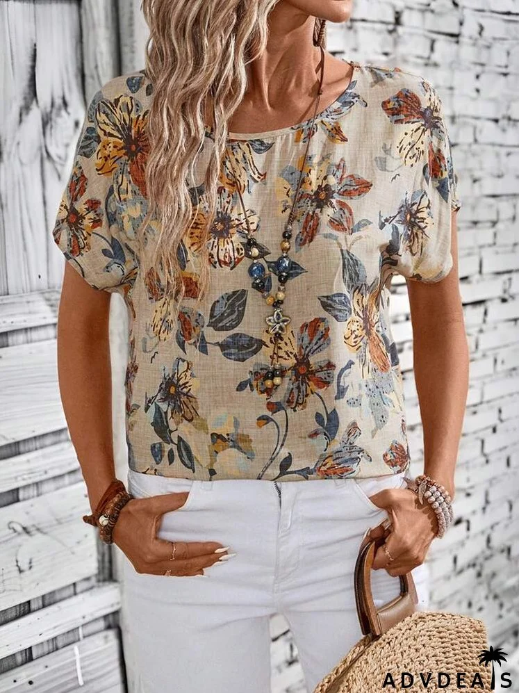 Women's Floral Print Batwing Sleeve Casual Vacation Shirt