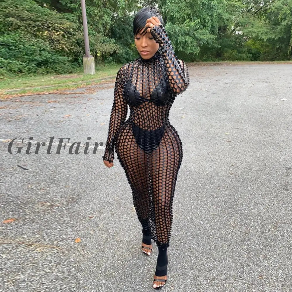 Girlfairy Burn-Out Women Long Sleeve Midi Dress Hole O Neck Bodycon See Through Sexy Streetwear